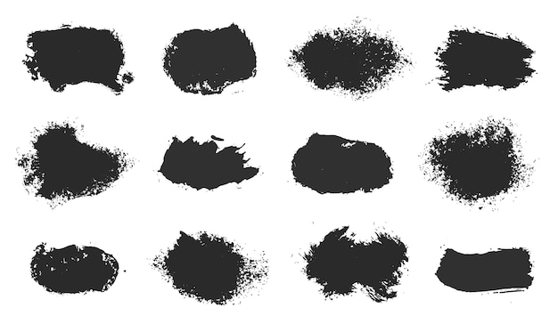 Elementos de design de tinta desenhada à mão do vetor. Selos de esponja, marcas de pincel seco. Conjunto de elementos de design de pincelada artística preta de grunge isolado