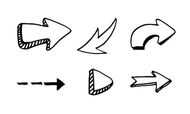 Elementos de design doodle setas desenhadas à mão isoladas no fundo branco. ilustração em vetor.