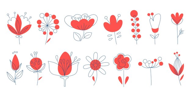 Elementos de design floral vermelho flores de estilo boho folclórico conjunto para design impressão floral de arte de linha vector iii