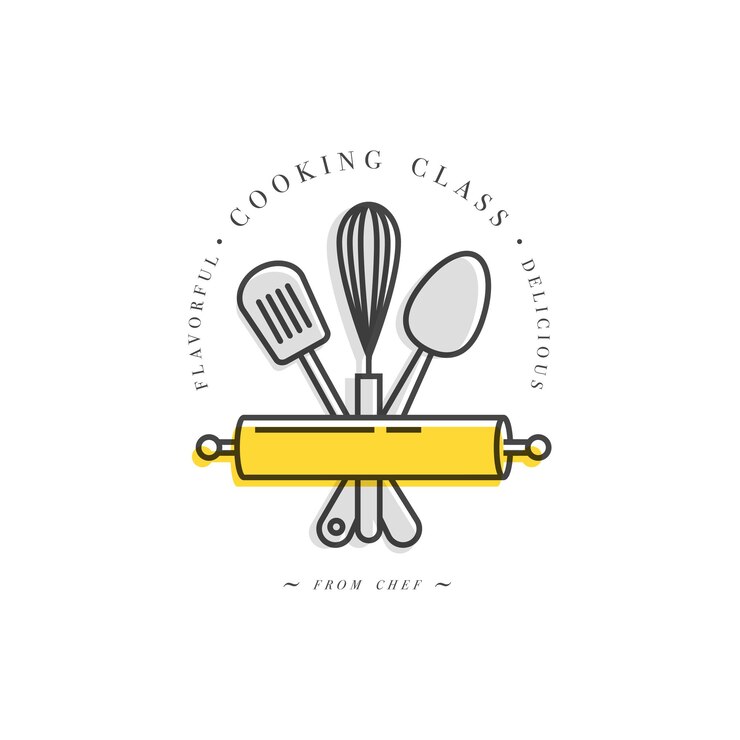 Vetor elementos de design linear de aula de culinária emblemas de cozinha símbolos ícones ou rótulos de estúdio de comida e coleção de emblemas
