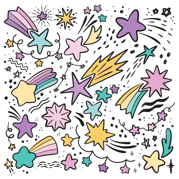 Elementos de doodle de estrela cadente desenhados à mão