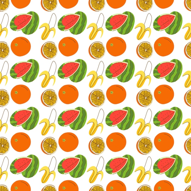 Elementos de frutas de embrulho sem costura, estilo retrô, melancia, banana, laranja, padrão, sem costura