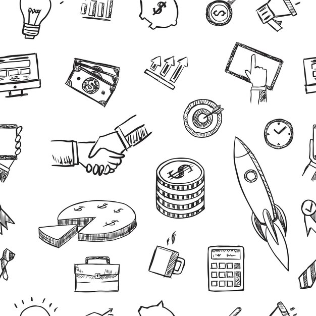 Elementos de ícone de negócios desenhados à mão vector padrão sem emenda