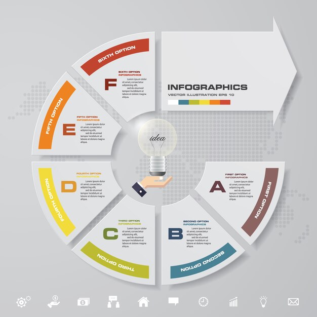 Elementos de infográfico de seta de 6 passos para apresentação de dados.