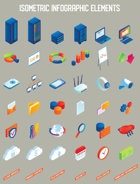 Elementos de infográfico isométrica de vetor de data center