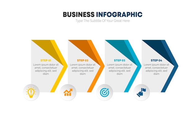 Elementos de infográficos de negócios com campos de texto de seta numerada em cores gradientes