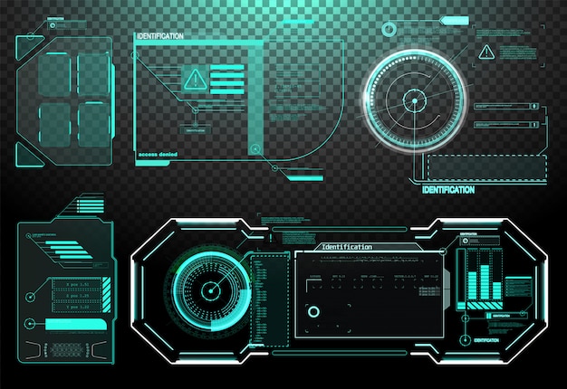 Elementos de interface HUD, UI, GUI. Conjunto de títulos de texto explicativo do vetor.