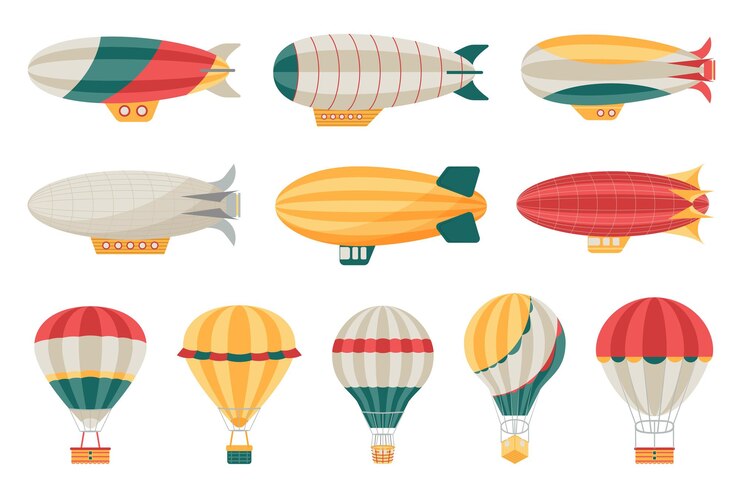 Vetor elementos de mega conjunto de dirigível dos desenhos animados em design plano pacote de diferentes tipos e cores, balões de ar quente e dirigíveis transporte aéreo vintage ilustração vetorial objetos gráficos isolados
