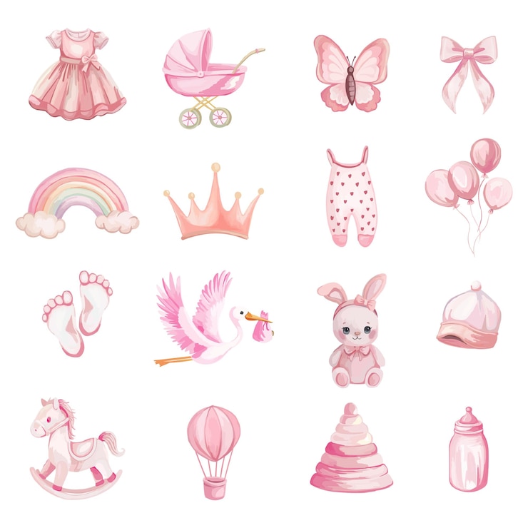 Vetor elementos de menina rosa é uma menina roupas brinquedos decorações