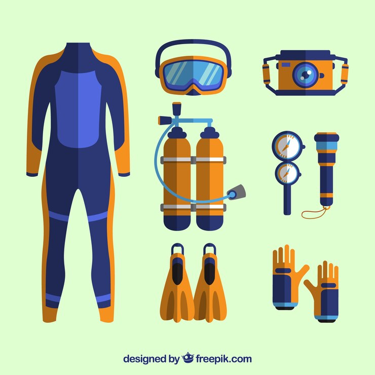 Vetor elementos de mergulho com roupa de mergulho em design plano