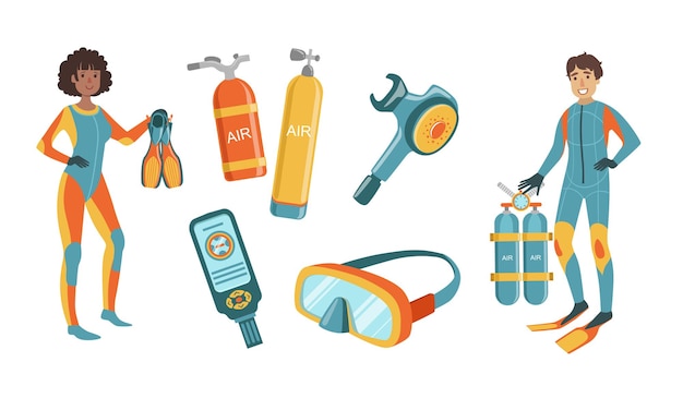 Vetor elementos de mergulho e mergulho com snorkel set de mergulhador homem e mulher personagens vestidos com trajes de banho com equipamento máscara de mergulhos cilindros de oxigênio medidor de profundidade aletas vector ilustração