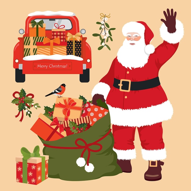 Vetor elementos de natal definem papai noel com um saco de presentes e um carro vermelho carro de papai noel com presentes no porta-malas clipart vetorial ilustrado