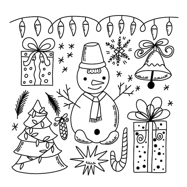 Elementos de Natal definidos em ilustração vetorial de estilo doodle. Itens românticos de inverno