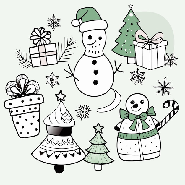 Elementos de Natal desenhados à mão, árvores de neve, presentes.