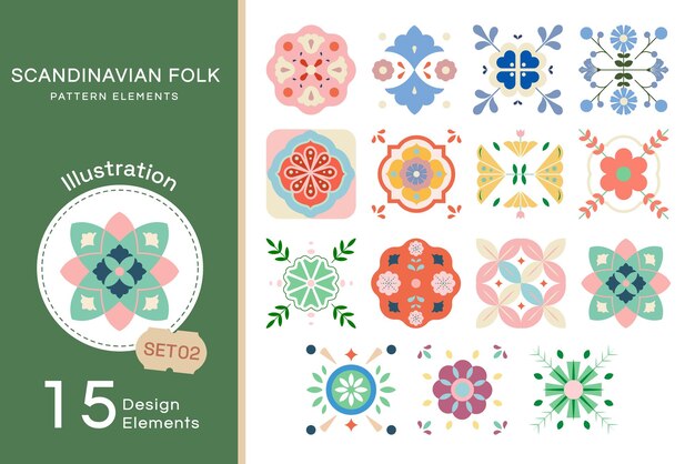 Elementos de padrões folclóricos escandinavos vetoriais planos set2