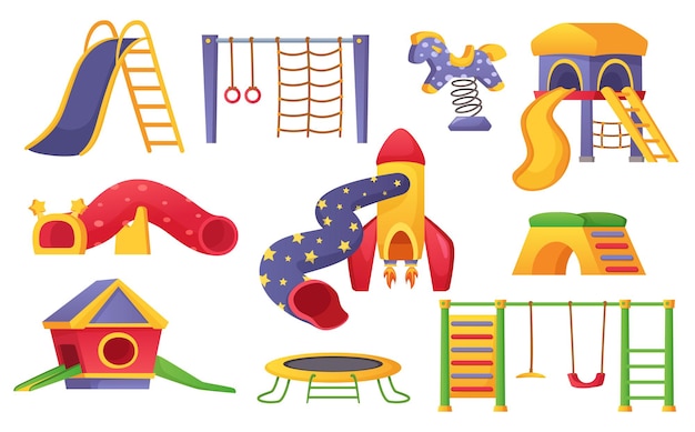 Vetor elementos de parque infantil, parque infantil equipamento de jogo. slide de desenho animado, balanço, cama elástica, cavalo, conjunto de brinquedos para conjunto de vetores de jardim de infância ao ar livre. atividades esportivas ou brincadeiras para crianças