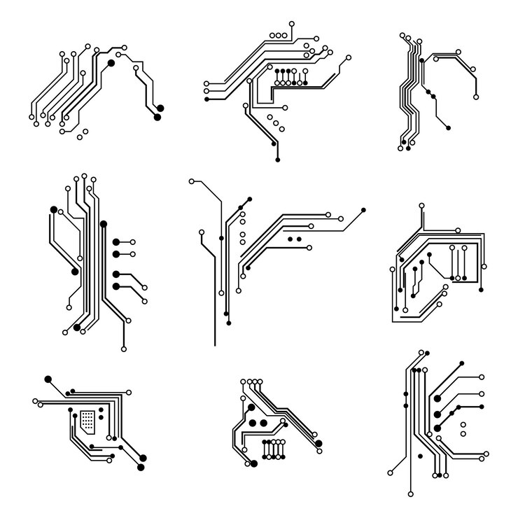 Vetor elementos de placa de circuito conjunto de ícones de linha fina branca isolado em uma ilustração vetorial de fundo branco do elemento eletrônico digital de design gráfico