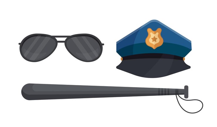 Vetor elementos de polícia conjunto óculos de sol bastão preto e chapéu com crachá equipamento de oficial ou policial departamento de guarda e defesa legal ilustração vetorial plana