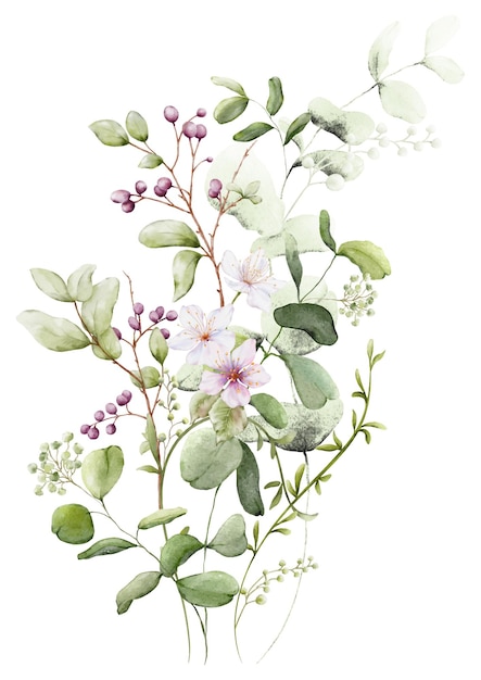 Elementos de ramo floral de aquarela coleção botânica com flores e folhas verdes no fundo