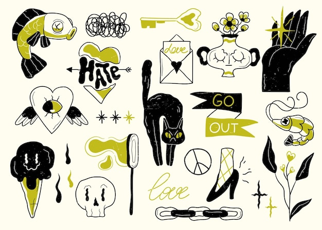 Elementos de tatuagem da velha escola tatuagens de desenhos animados em estilo engraçado ilustração vetorial