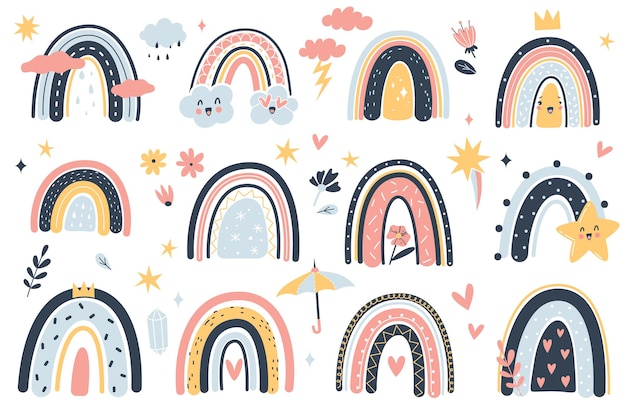 Elementos de tempo bonitos. Arco-íris infantil boho, estrelas e nuvens, estilo cartoon doodle em cores rosa e amarelo, estampas engraçadas de crianças, decorações de berçário, design de festa de bebê e coleção de vetores de têxteis
