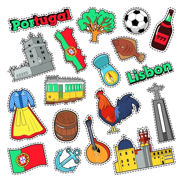 Elementos de viagens de Portugal com arquitetura para emblemas, adesivos, impressões. Doodle Vector