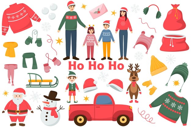 Elementos decorativos de Natal e Ano Novo Personagens fofos de Natal, família