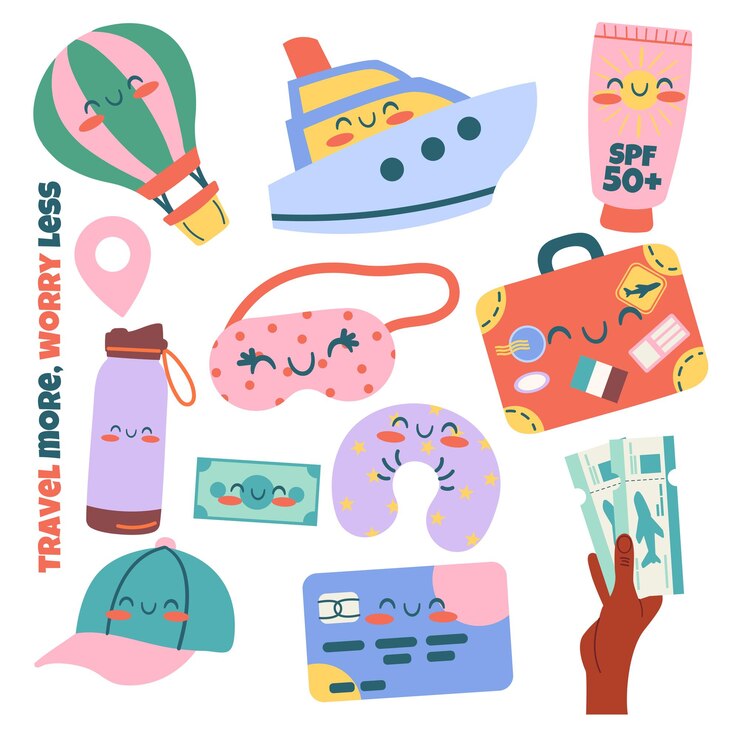 Vetor elementos desenhados à mão de viagem kawaii
