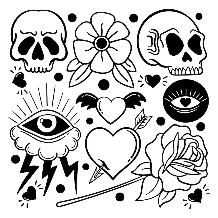 Elementos desenhados à mão doodle vintage para adesivo de tatuagem etc