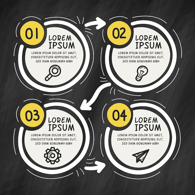 Elementos desenhados à mão infográfico do fluxograma. Mão desenhada quatro círculos no quadro-negro. Ilustração vetorial