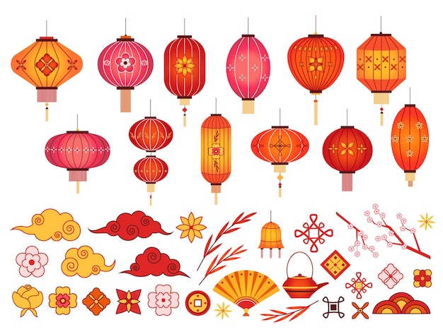 Elementos do ano novo chinês. lanterna asiática, nuvem japonesa e ramo de sakura. flor e padrão tradicional coreano. conjunto festivo de vetores de 2020. lanterna chinesa de ilustração e decoração tradicional