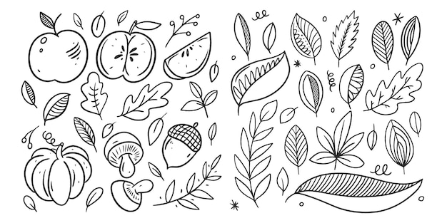Elementos do conjunto de rabiscos de outono de outono de arte de linha desenhada à mão ilustração de esboço vetorial