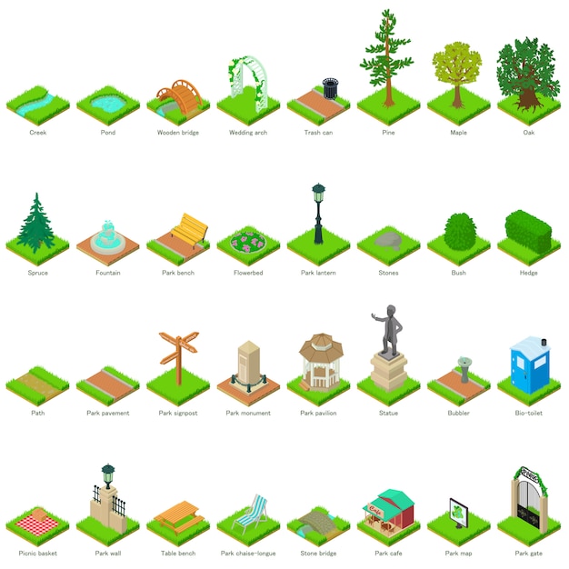 Elementos do projeto da paisagem dos elementos da natureza do parque ajustados. ilustração isométrica de 32 elementos de natureza parque paisagem ícones do vetor para web