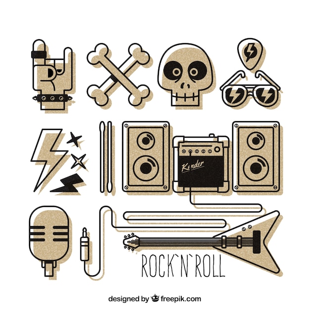Elementos do rock and roll desenhados mão