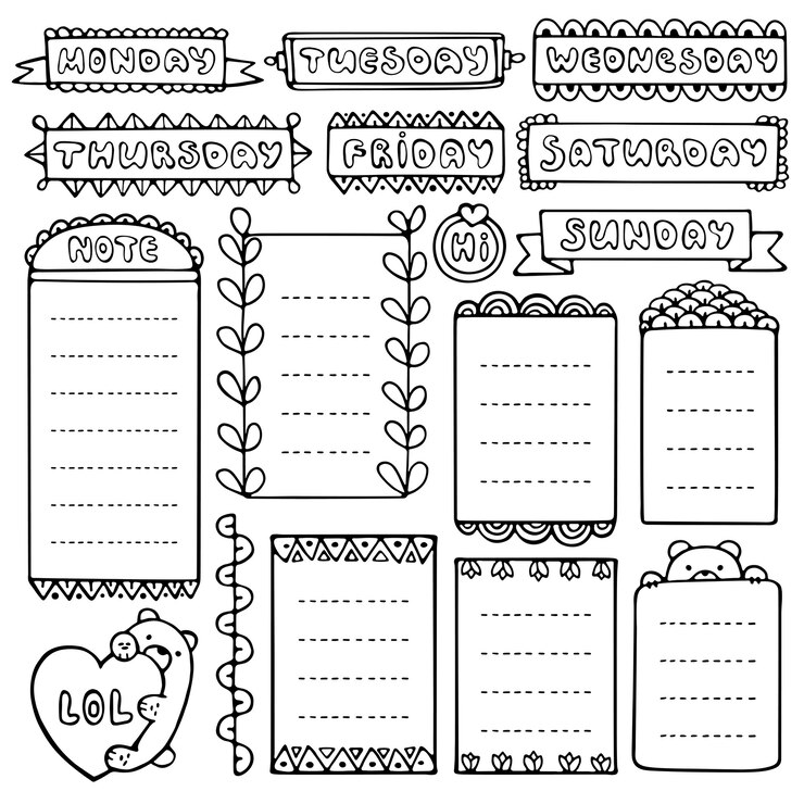 Vetor elementos do vetor de mão desenhada de diário de bala para notebook, diário e planejador. quadros doodle ajustados isolados.
