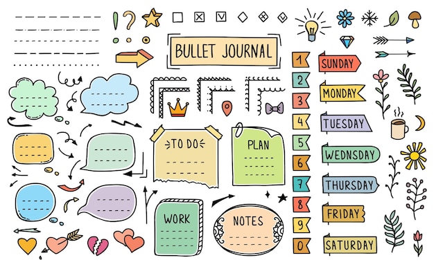 Elementos e adesivos de doodle de diário de bullet journal