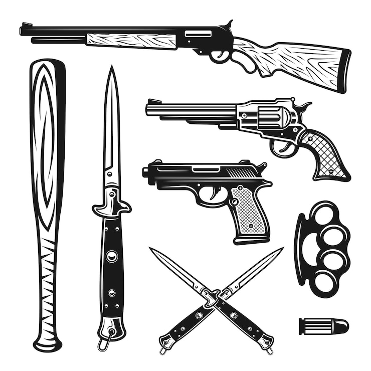 Vetor elementos e objetos de design de armas em estilo vintage monocromático