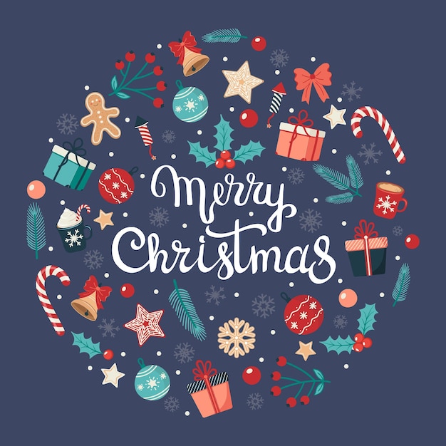 Elementos e objetos de Natal em forma de círculo Ilustração vetorial desenhada à mão