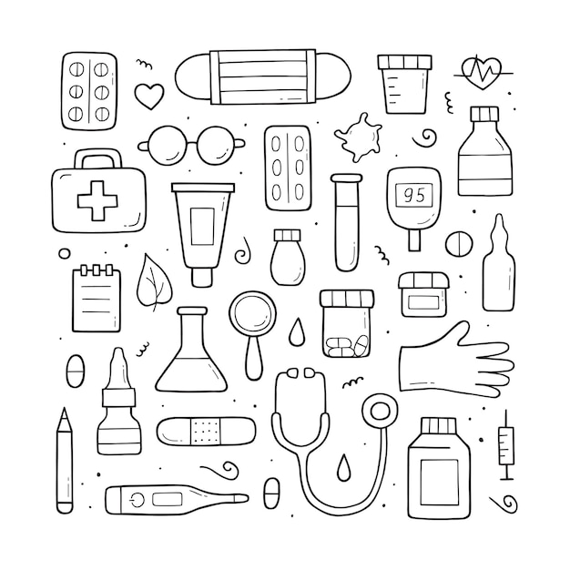 Elementos e objetos médicos. desenho do doodle. desenhado à mão
