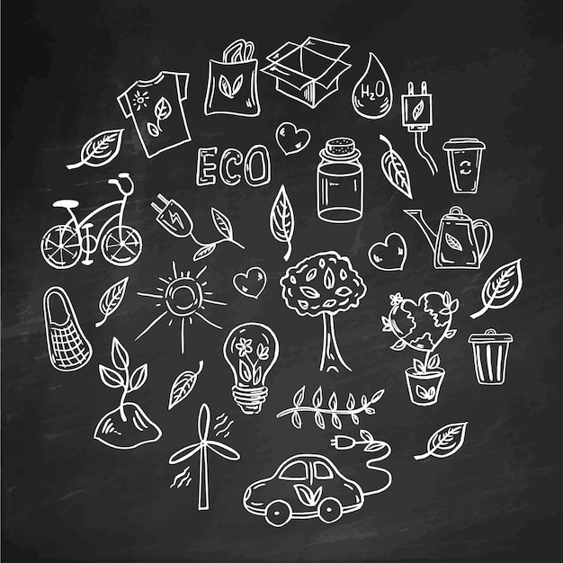 Elementos em círculo Ilustração de rabiscos desenhados à mão Ecologia reciclagem e energia verde Meio ambiente