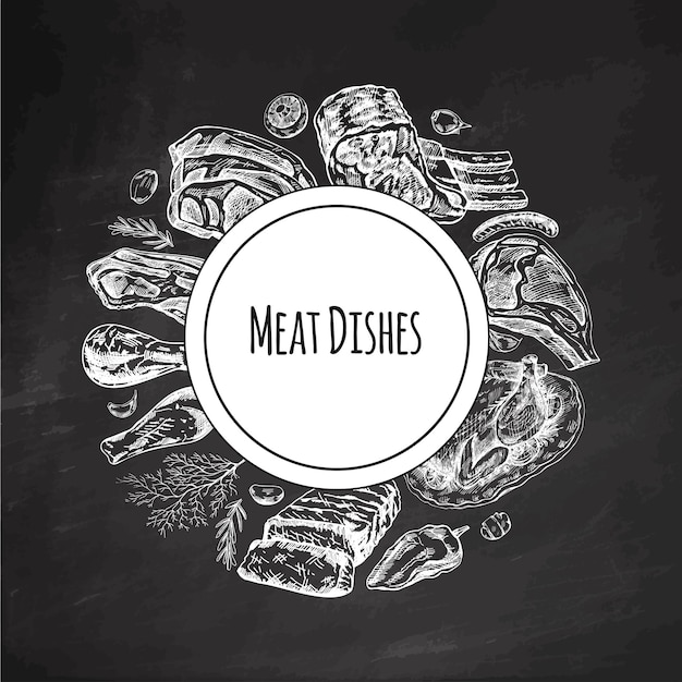 Vetor elementos em círculo modelo de menu de carne e legumes em estilo vintage gravado no quadro