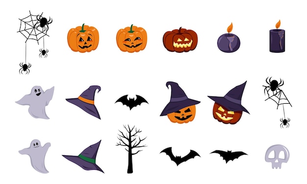 Elementos festivos para lanternas de abóboras de halloween com rostos