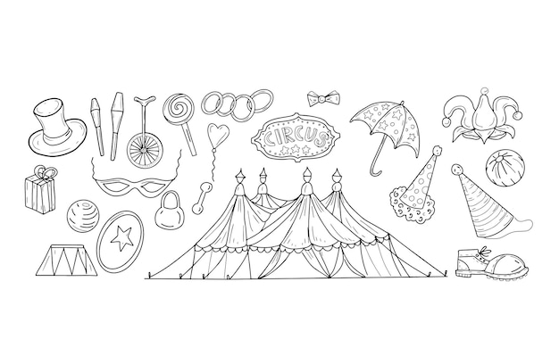 Vetor elementos gráficos de esboço de doodle de arena de circo chapéu de palhaço desenhado à mão halteres botas de bicicleta marquise