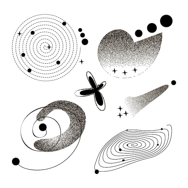 Elementos gráficos em espiral cósmica forma retro futurista estilo y2k formas geométricas