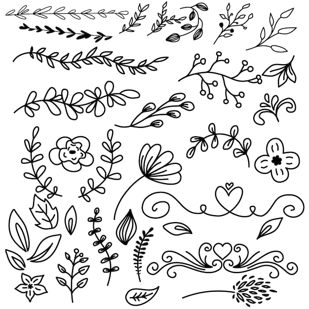 Elementos gráficos florais grande conjunto vetorial flores e plantas ilustrações desenhadas à mão conjunto de esboços