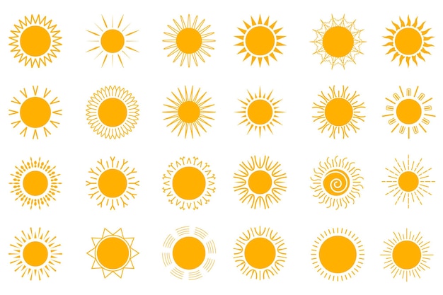 Elementos gráficos isolados do sol definidos em design plano pacote de sóis laranja com luz solar em diferentes formas símbolos ensolarados geométricos de verão para decoração sazonal ou ilustração vetorial de previsão do tempo