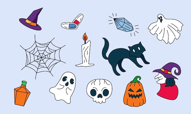 Elementos gráficos para vetor de doodle de halloween. fundo de cartão de feliz dia das bruxas