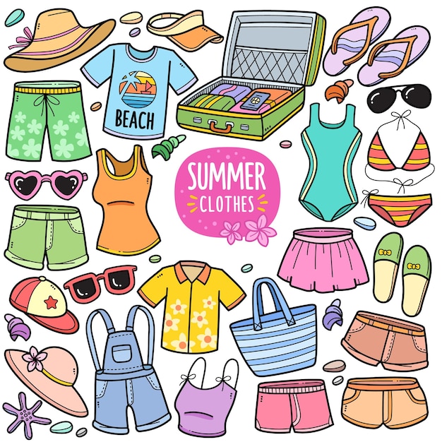 Vetor elementos gráficos vetoriais coloridos de roupas de verão e ilustrações de doodle