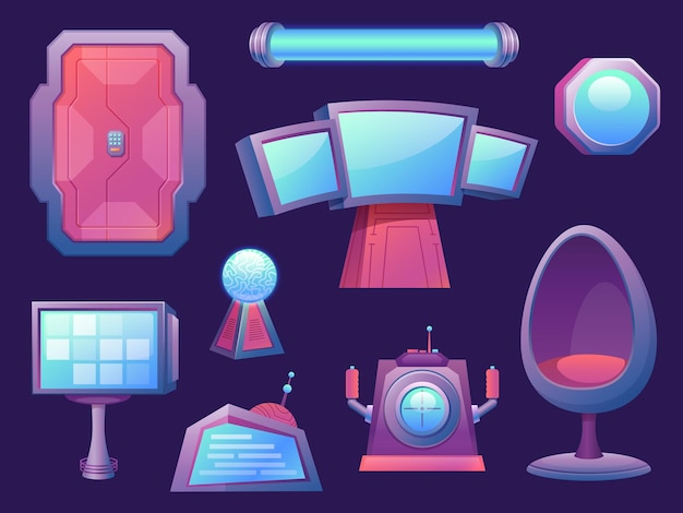 Elementos interiores de sala de nave espacial alienígena futurista dos desenhos animados. cockpit e tela da nave espacial, cadeira e porta. equipamento de foguete, conjunto de vetores de jogo. ilustração do interior do navio alienígena futurista