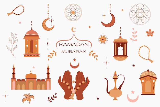 Elementos isolados de Ramadan Mubarak definidos em design plano Pacote de oração rosário mesquita padrões de lua crescente lanterna com pote de café de vela e outros símbolos tradicionais Ilustração vetorial